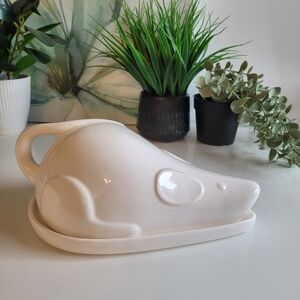 Vtg White Ceramic Mouse Shaped Butter Dish Cheese Bell and Platter Bellini Style